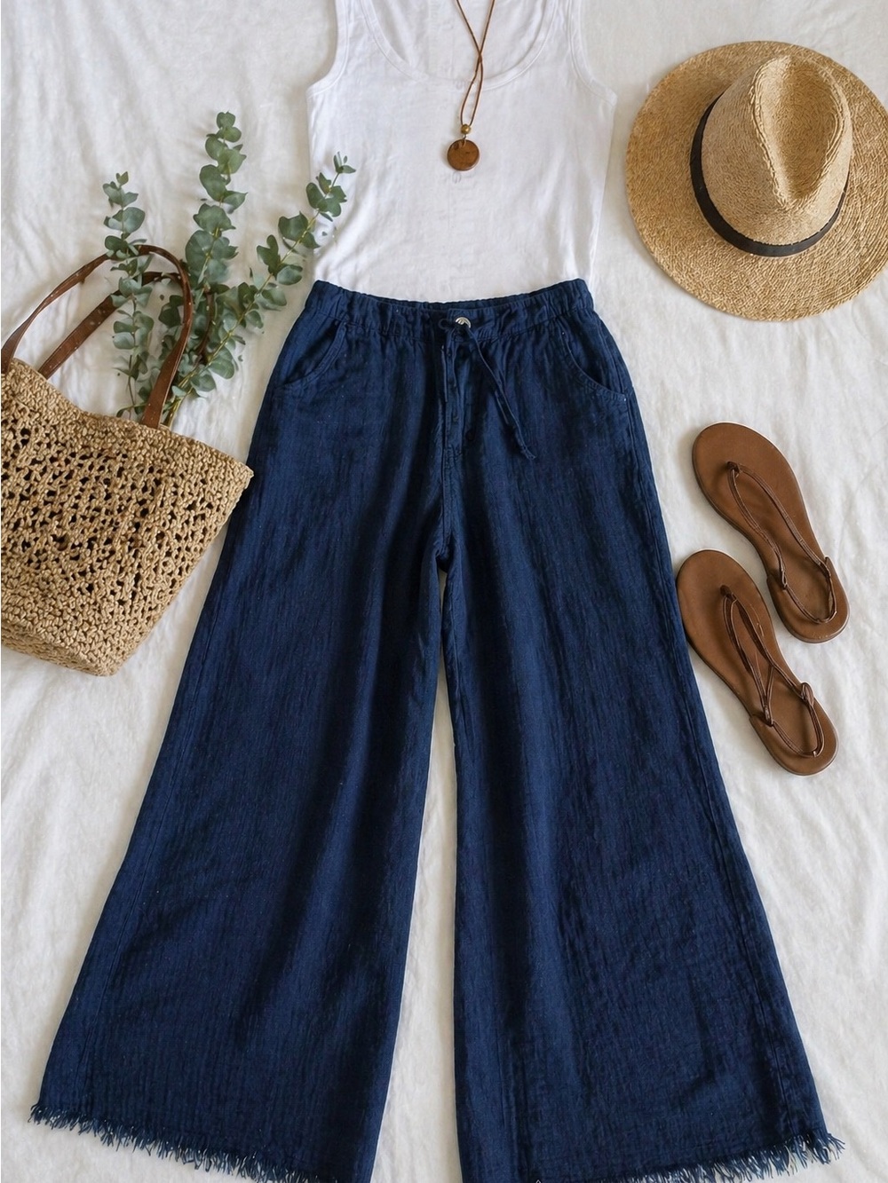 Max Studio Cotton Wide Leg Pants XL Fringe Hem Beach Vacation Pants